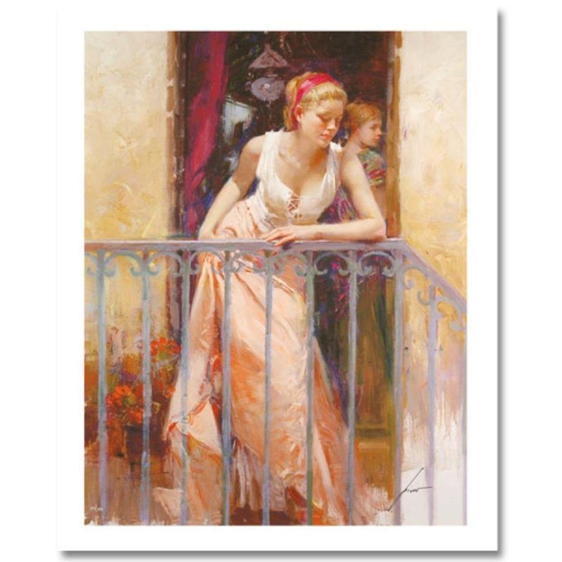 Pino (1939-2010) "At the Balcony" Limited Edition Giclee. Numbered and Hand Signed; Certificate of: At the Balcony is a limited edition giclee on paper by Pino (1939-2010). The piece comes numbered and is hand signed by the artist. Includes Certificate of Authenticity. Measures approximately 20 x 16
