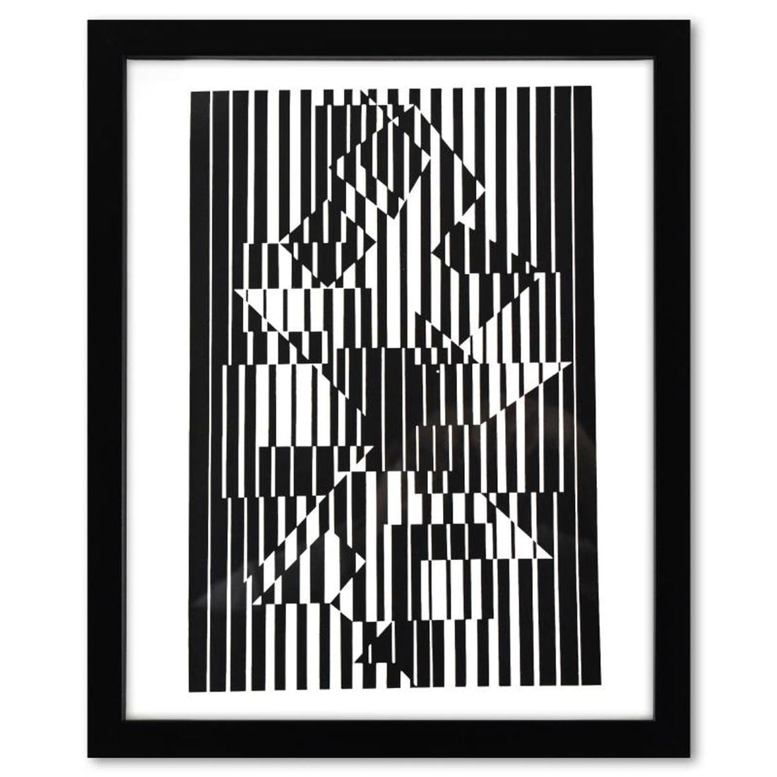 Victor Vasarely (1908-1997), "Ilava de la serie Lineaires" Framed 1973 Heliogravure Print with: Ilava de la serie Lineaires is a heliogravure print on paper, published in 1973, by Victor Vasarely (1908-1997). This piece comes custom framed, with a letter of authenticity and with a 1976 Vasarely 