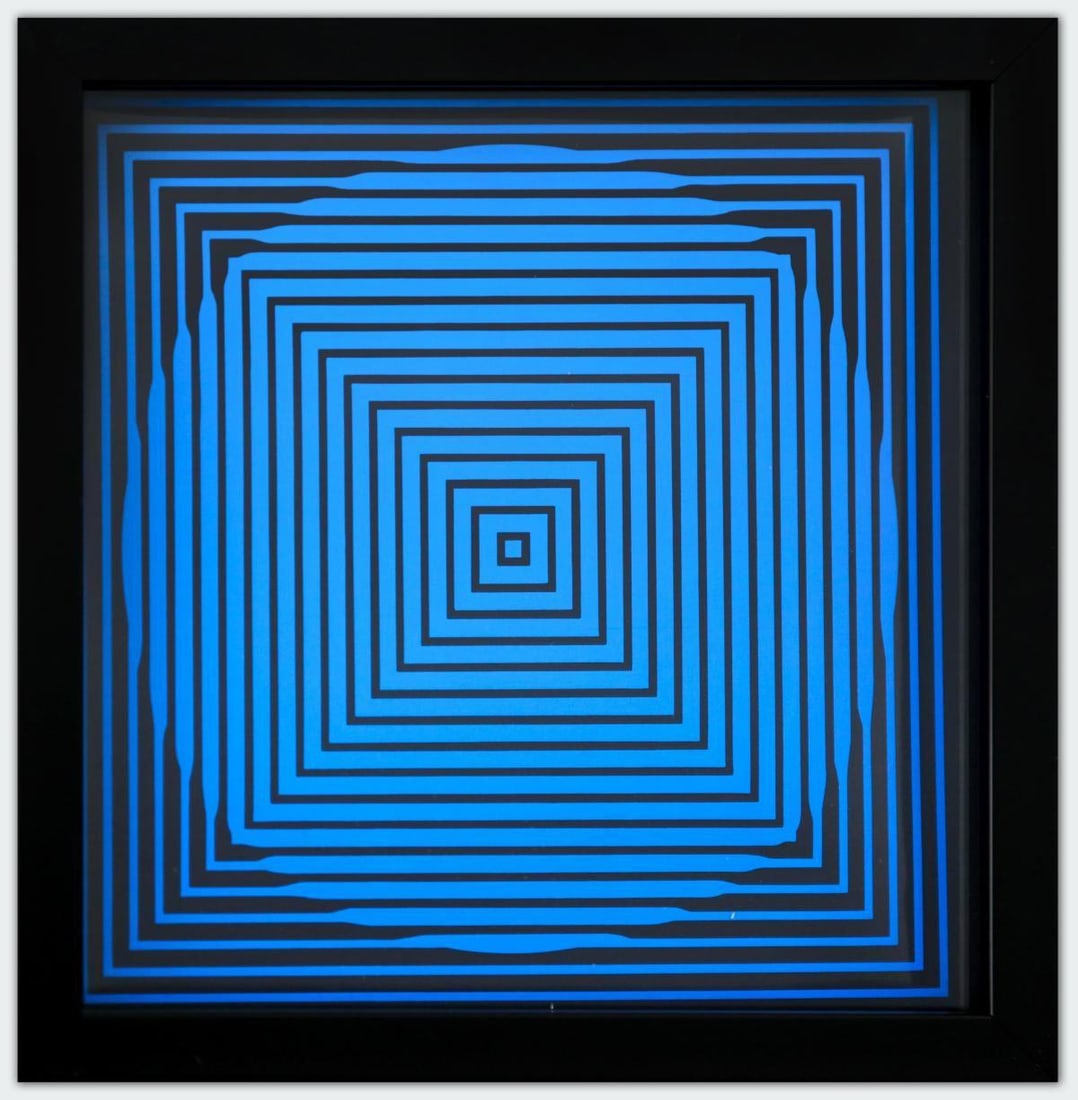 Victor Vasarely- Heliogravure Print "Untitled": Artist: Victor Vasarely. Medium: Heliogravure Print. Title: Untitled. Size: 10" x 10". Measures approx. 12" x 12" (framed). Additional: Custom Framed. Reference#: 21495.