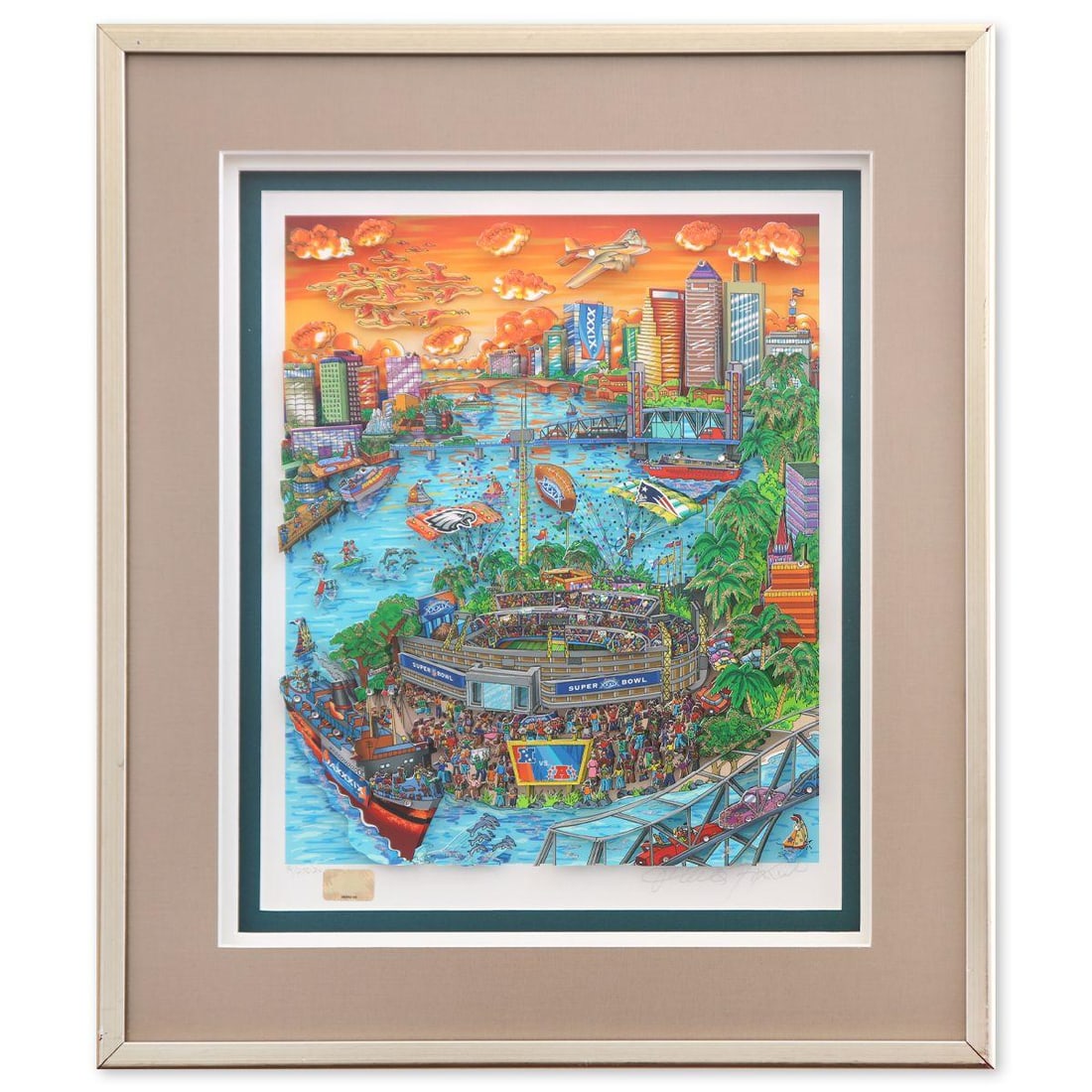 Charles Fazzino- 3D Construction Silkscreen Serigraph "Super Bowl": Artist: Charles Fazzino. Medium: 3D Construction Silkscreen Serigraph. Title: Super Bowl. Size: 18" x 16". Measures approx. 24" x 22" (framed). Signature: Hand Signed and numbered. Certificate of Auth
