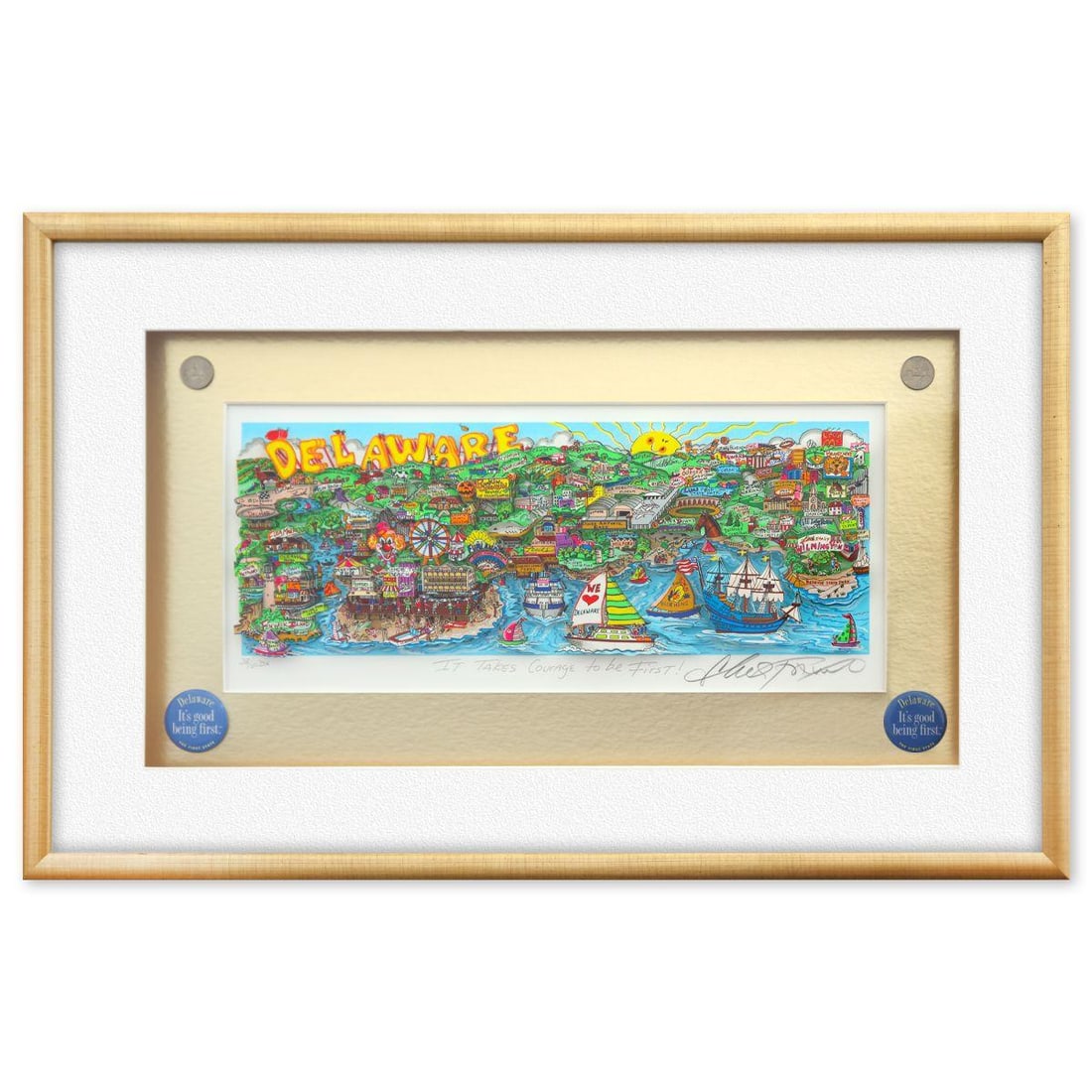 Charles Fazzino- 3D Construction Silkscreen Serigraph "It Takes Courage to be First!": Artist: Charles Fazzino. Medium: 3D Construction Silkscreen Serigraph. Title: It Takes Courage to be First!. Size: 8" x 18". Measures approx. 18" x 29" (framed). Signature: Hand Signed and numbered.