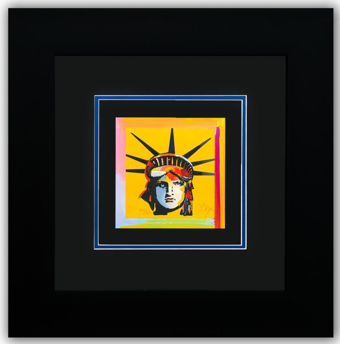 Peter Max- Original Lithograph "LIBERTY HEAD (Mini)": Artist: Peter Max. Medium: Original Lithograph. Title: LIBERTY HEAD (Mini). Size: 7" x 7". Measures approx. 20" x 20" (framed). Signature: Hand Signed and Numbered by the artist. Certificate of Authen