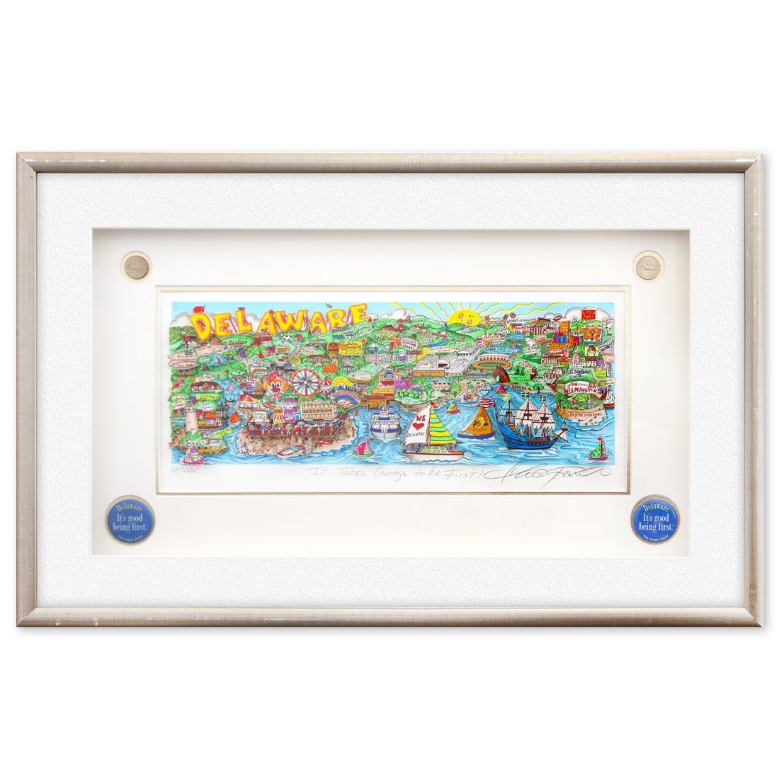 Charles Fazzino- 3D Construction Silkscreen Serigraph "It Takes Courage to be First!": Artist: Charles Fazzino. Medium: 3D Construction Silkscreen Serigraph. Title: It Takes Courage to be First!. Size: 8" x 18". Measures approx. 19" x 29" (framed). Signature: Hand Signed and numbered. C