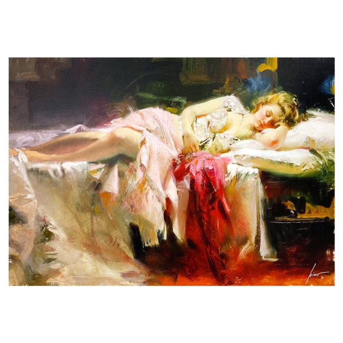 Pino (1939-2010) "Estelle" Limited Edition on Canvas, Numbered and Hand Signed with Certificate of: Estelle is a limited edition giclee on canvas by Pino (1939-2010), numbered and hand signed by the artist. Includes Certificate of Authenticity. Measures approx. 28" x 39" (image). Reference#: 93165.