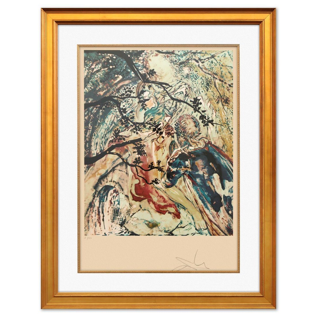 Salvador Dali- Original Lithograph "Lancelot and Guinevere": Artist: Salvador Dali. Medium: Original Lithograph. Title: Lancelot and Guinevere. Size: 26" x 18". Measures approx. 36" x 28" (framed). Signature: Hand signed and numbered. Certificate of Authenticit