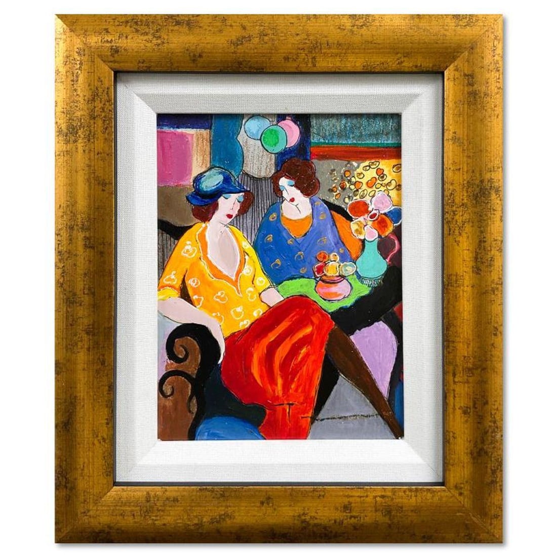 Itzchak Tarkay (1935-2012), "Chit Chat" Framed One-of-a-Kind Mixed Media Over Paint on Wood, Hand (1 of 2)