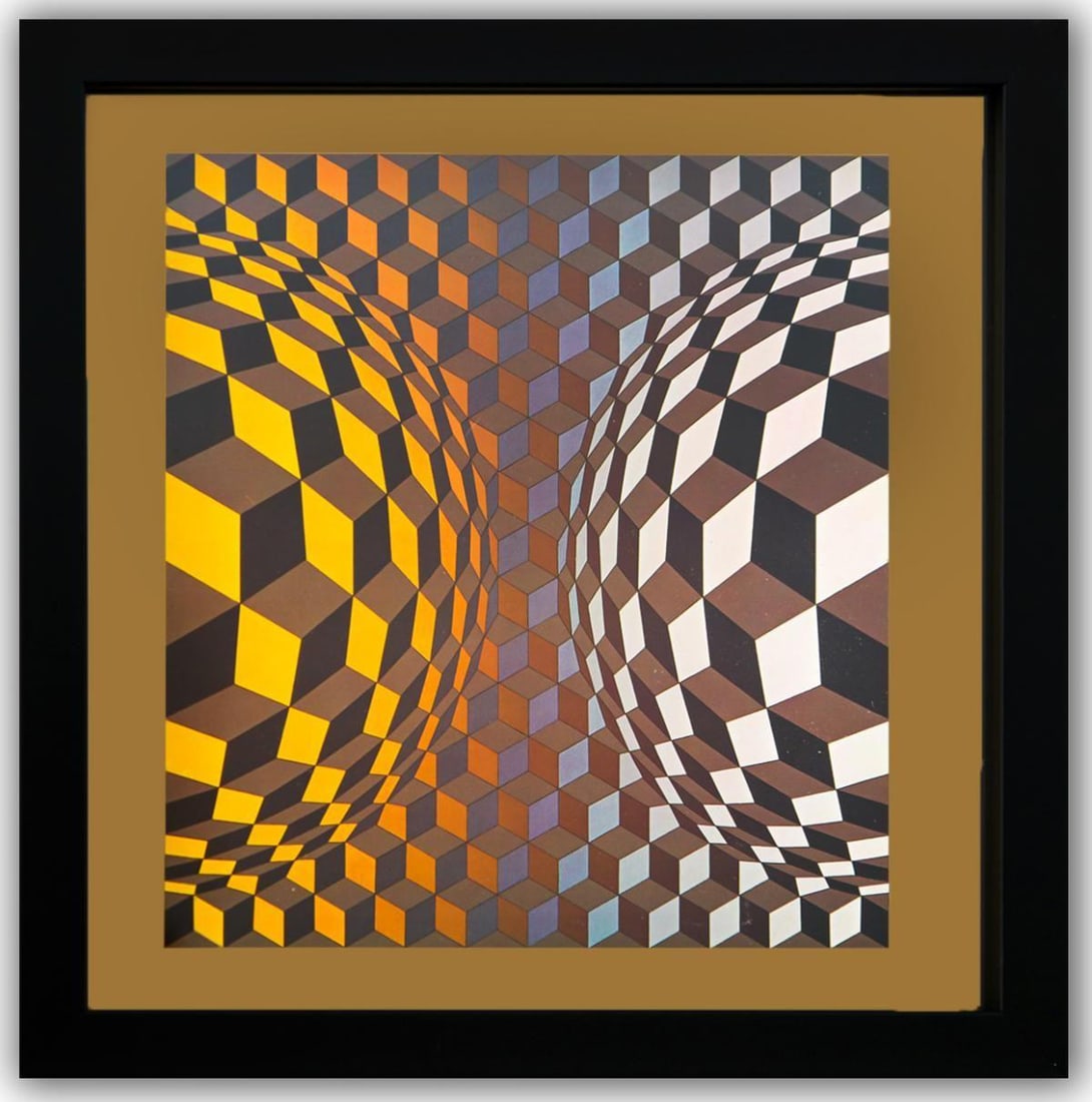 Victor Vasarely- Heliogravure Print "Untitled": Artist: Victor Vasarely. Medium: Heliogravure Print. Title: Untitled. Size: 11" x 10". Measures approx. 13" x 12" (framed). Additional: Custom Framed. Reference#: 21478.