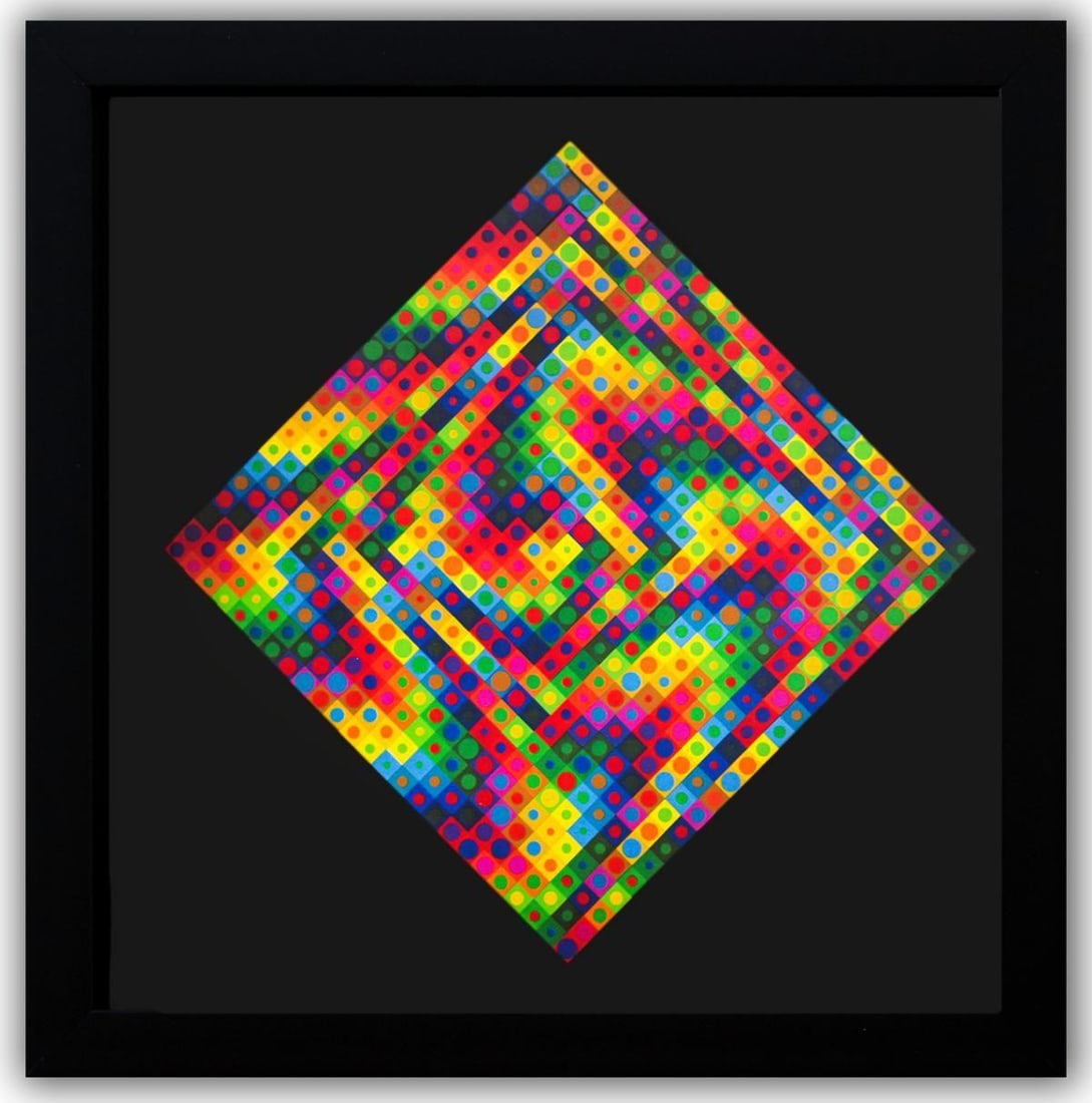 Victor Vasarely- Heliogravure Print "Majus": Artist: Victor Vasarely. Medium: Heliogravure Print. Title: Majus. Size: 10" x 10". Measures approx. 12" x 12" (framed). Additional: Custom Framed , 1971. Reference#: 21405.