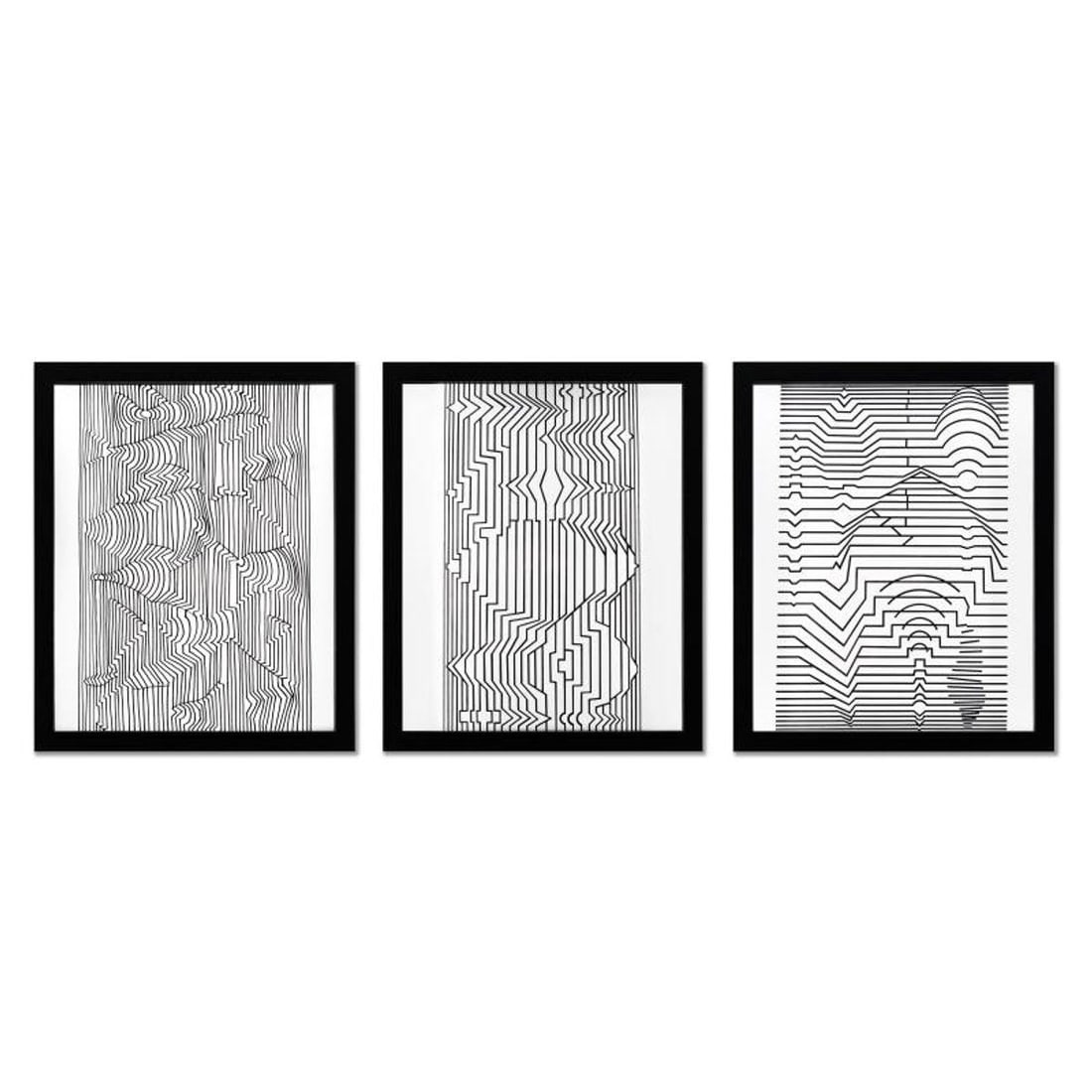 Victor Vasarely (1908-1997), "Naissances - I, Naissances - III, et Ebi-Noor de la serie Ondulatoires: Naissances - I, Naissances - III, et Ebi-Noor de la serie Ondulatoires (Triptych) is a set of heliogravure prints on paper, published in 1973, by Victor Vasarely (1908-1997). These pieces come custom 