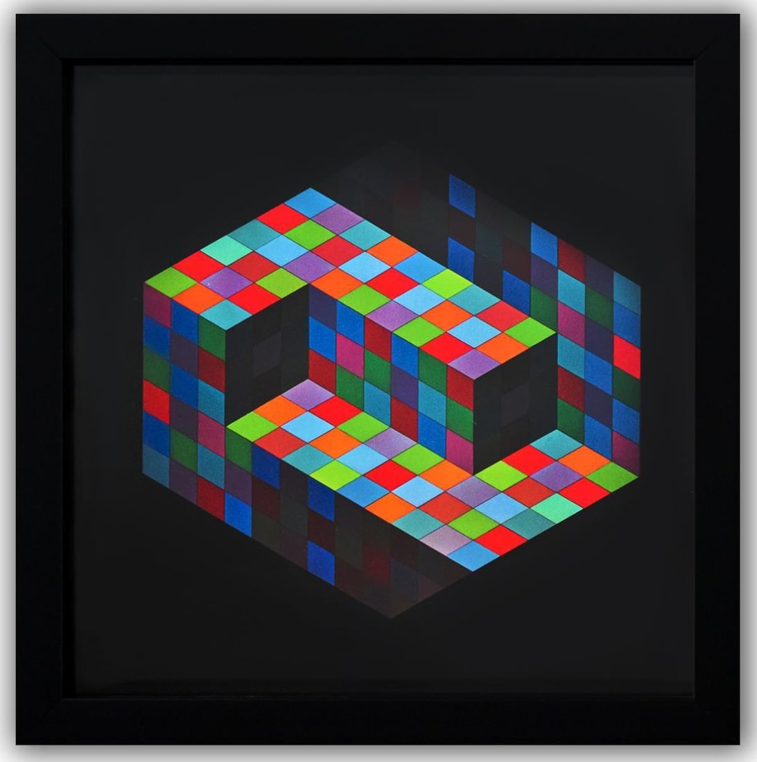 Victor Vasarely- Heliogravure Print "Gestalt": Artist: Victor Vasarely. Medium: Heliogravure Print. Title: Gestalt. Size: 10" x 10". Measures approx. 12" x 12" (framed). Additional: Custom Framed , 1971. Reference#: 21397.