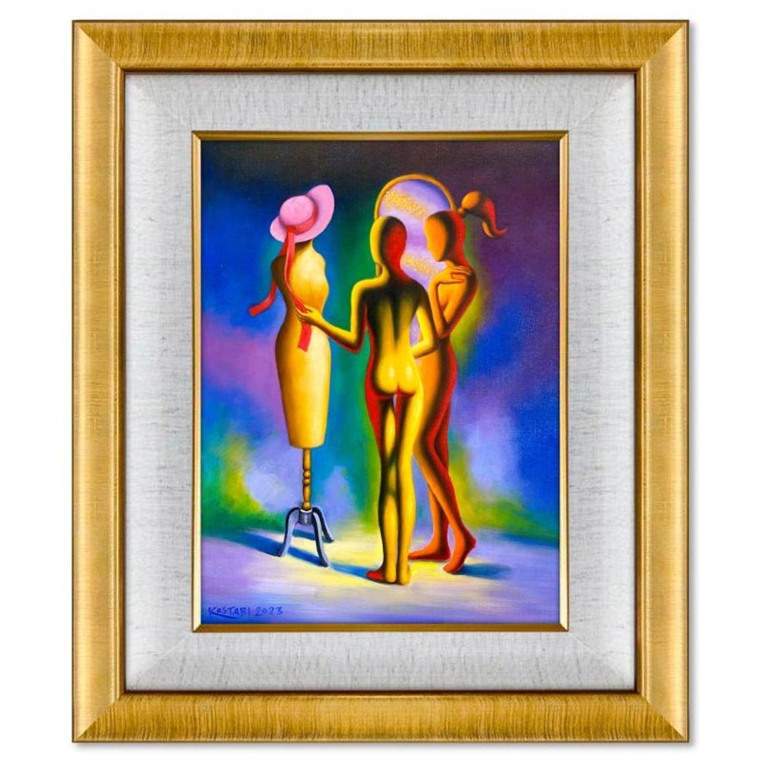 Mark Kostabi, "Measuring Up" Framed Original Oil Painting on Canvas, Hand Signed with COA: Measuring Up is an original oil painting on canvas by Mark Kostabi, hand signed by the artist. This piece comes custom framed. Includes Certificate of Authenticity. Measures approx. 34.5" x 28.5" (fra