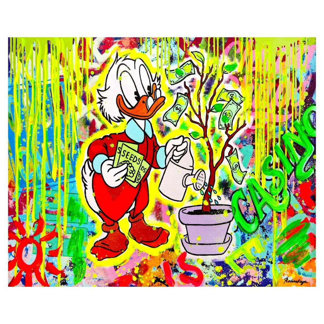 Nastya Rovenskaya- Mixed Media on Canvas "Duck Tales of Love & Loo": Artist: Nastya Rovenskaya. Medium: Mixed Media on Canvas. Title: Duck Tales of Love & Loo. Size: 16" x 20". Signature: Hand signed. Certificate of Authenticity: Is included. Reference#: 49410.