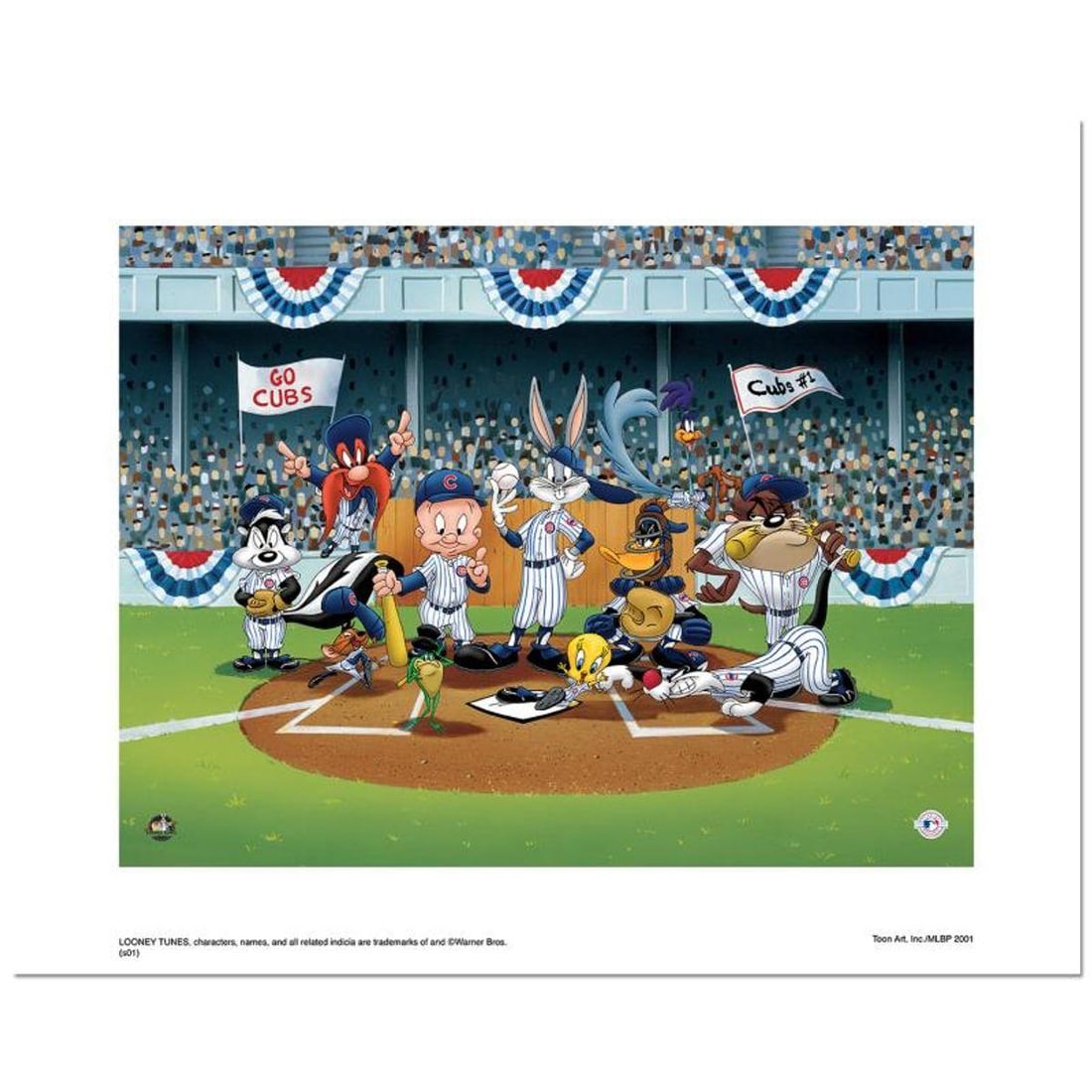 Line Up At The Plate (Cubs) is a Limited Edition Giclee from Warner Brothers with Hologram Seal and: Line Up At The Plate (Cubs) is a limited edition giclee on paper from Warner Brothers featuring iconic Looney Tunes characters in Chicago Cubs MLB uniforms. It comes numbered, with hologram seal, and