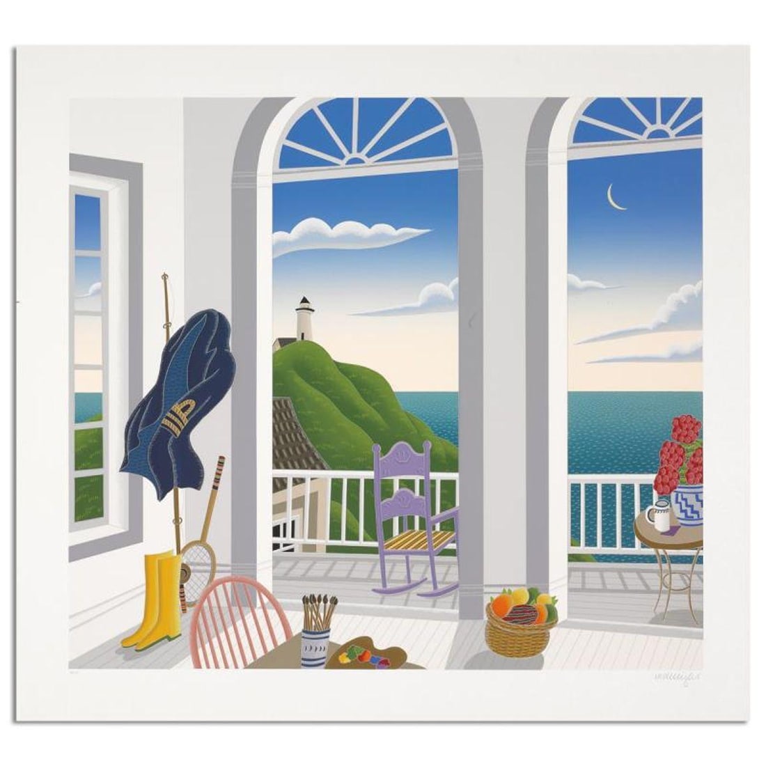 Thomas Mcknight, "Nantucket Porch" Limited Edition Serigraph, Numbered and Hand Signed with Letter: Nantucket Porch is a limited edition serigraph on paper by Thomas Mcknight, numbered and hand signed by the artist. Includes Letter of Authenticity. Measures approx. 32" x 35" (border), 27" x 30"