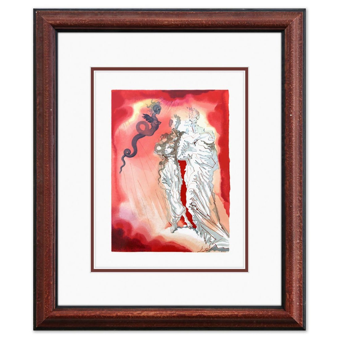 Salvador Dali- Original Color Woodcut on B.F.K. Rives Paper "Inferno 21": Artist: Salvador Dali. Medium: Original Color Woodcut on B.F.K. Rives Paper. Title: Inferno 21. Size: 13" x 10". Measures approx. 20" x 17" (framed). Certificate of Authenticity: Is included.