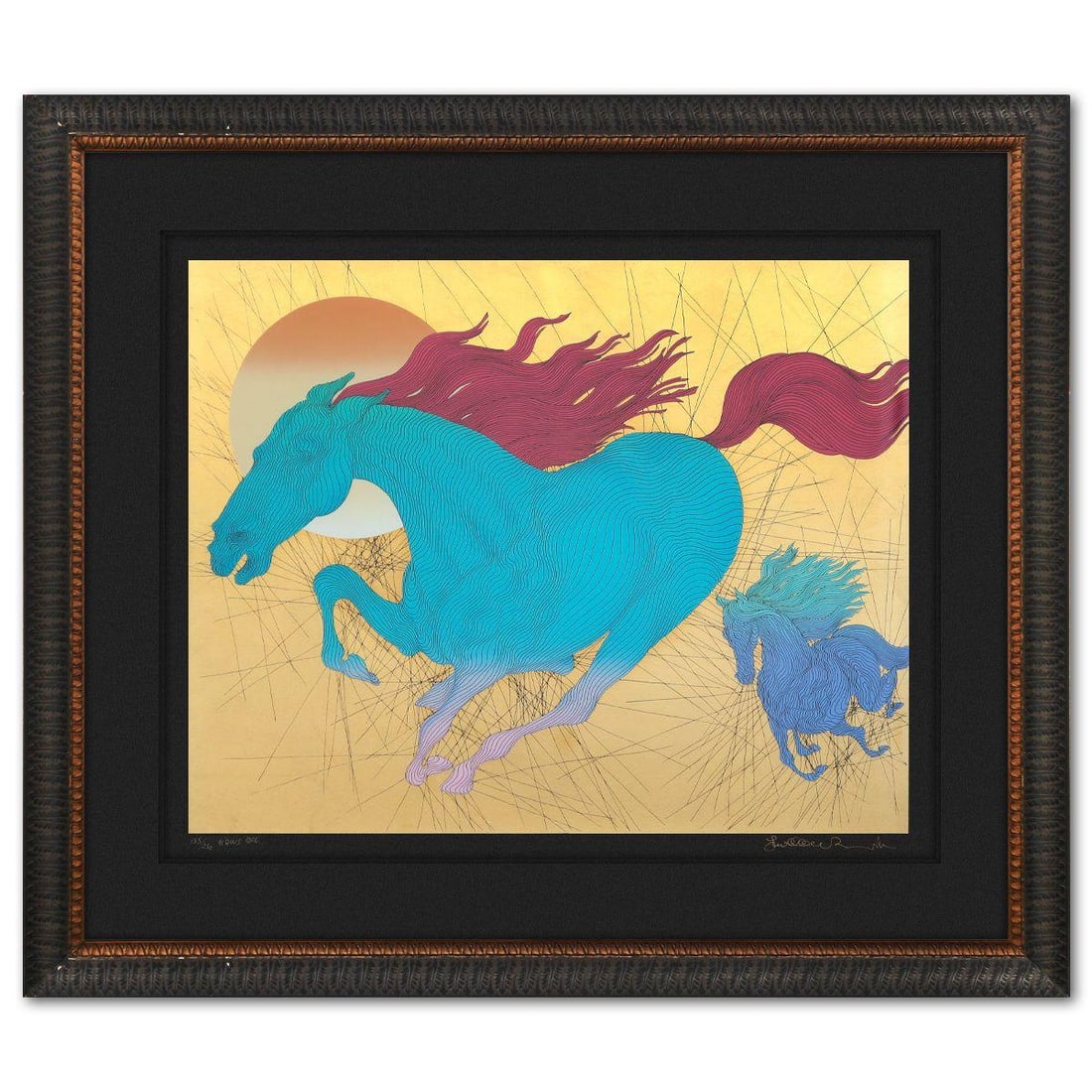 Azoulay- Limited Edition Deluxe Gold Leaf Serigraph on Black Paper "Equus": Artist: Azoulay. Medium: Limited Edition Deluxe Gold Leaf Serigraph on Black Paper. Title: Equus. Size: 27" x 34". Measures approx. 42" x 49" (framed). Signature: Hand Signed. Additional: Minor damage