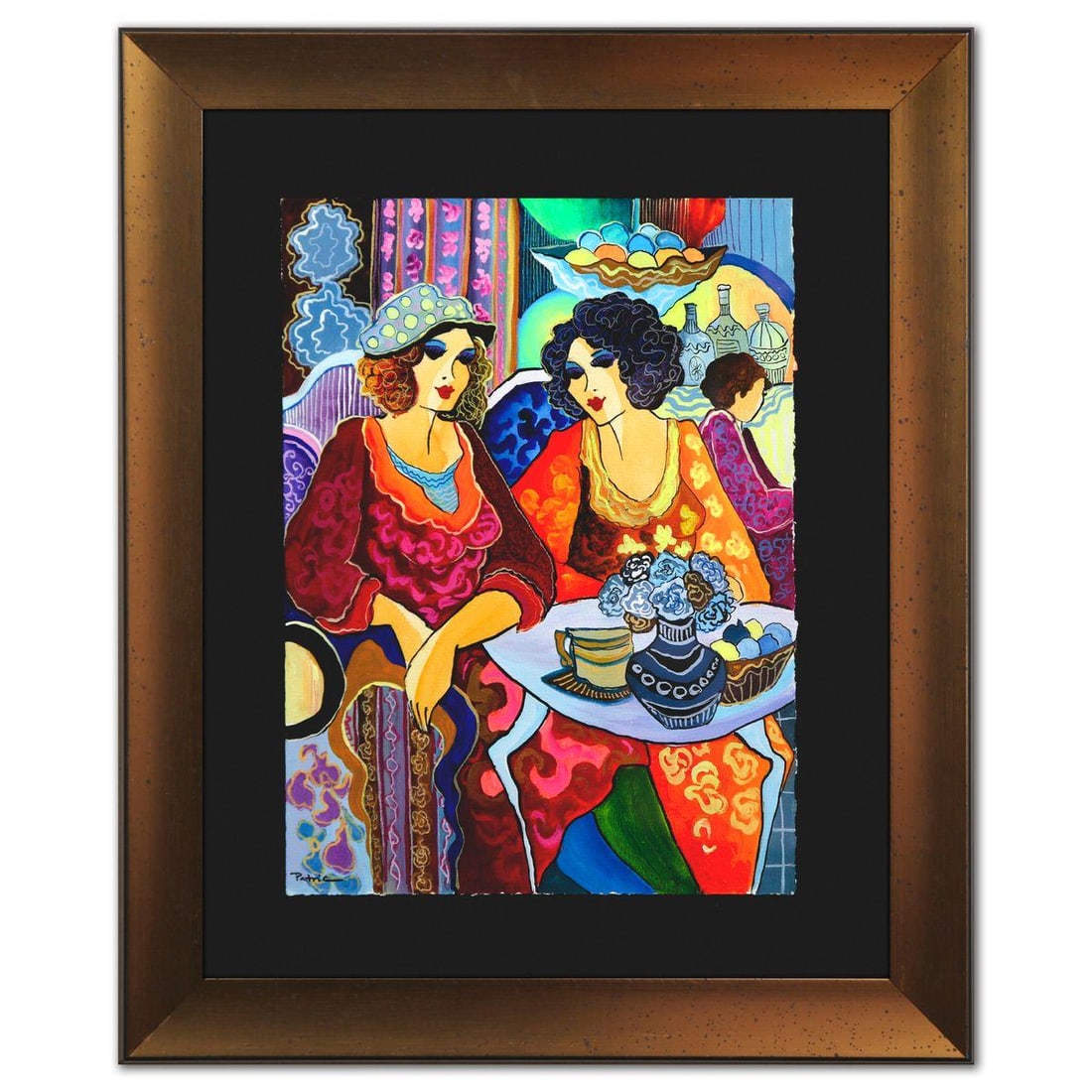 Patricia Govezensky- Original Watercolor "Cafe Conversation": Artist: Patricia Govezensky. Medium: Original Watercolor. Title: Cafe Conversation. Size: 15" x 11". Measures approx. 22" x 18" (framed). Signature: Hand signed. Certificate of Authenticity: Is includ