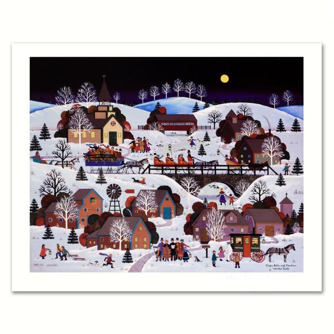 Jane Wooster Scott, "Jingle Bells and Carolers" Hand Signed Limited Edition Lithograph with Letter: Jingle Bells and Carolers is a limited edition lithograph on paper by Jane Wooster Scott. The piece is hand signed and numbered and comes with a letter of authenticity. Measures approx. 17.5" x 14" (w