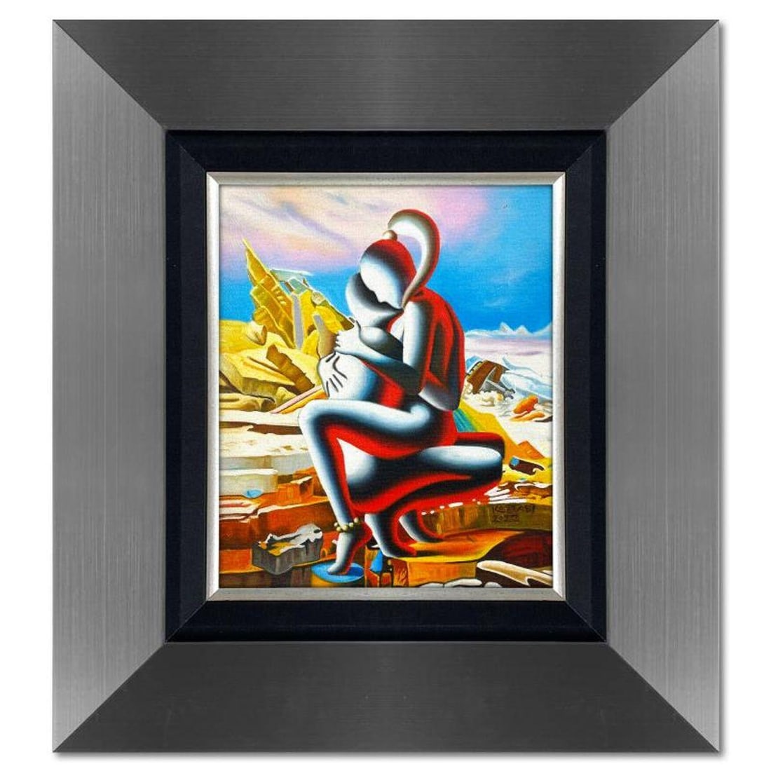Mark Kostabi, "Enduring Love" Framed Original Oil Painting on Canvas, Hand Signed with Letter of: Enduring Love is an original oil painting on canvas by Mark Kostabi, hand signed by the artist. This piece comes framed. Includes Certificate of Authenticity. Measures approx. 22" x 20" (frame), 12" x