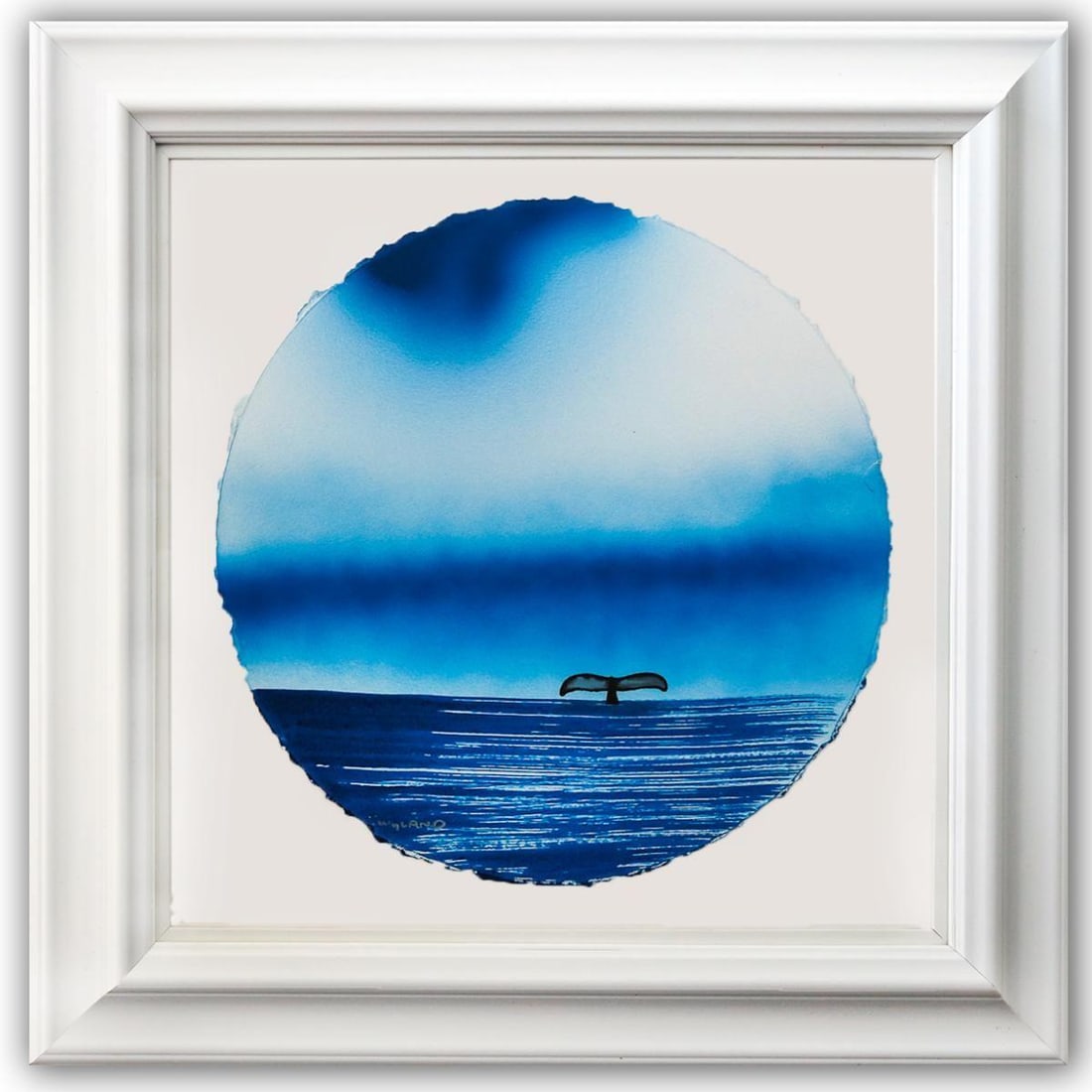 Wyland- Original Watercolor Painting on Deckle Edge Paper "Fluke": Artist: Wyland. Medium: Original Watercolor Painting on Deckle Edge Paper. Title: Fluke. Size: 19" x 19". Measures approx. 30" x 30" (framed). Signature: Hand Signed by the artist. Certificate of Auth