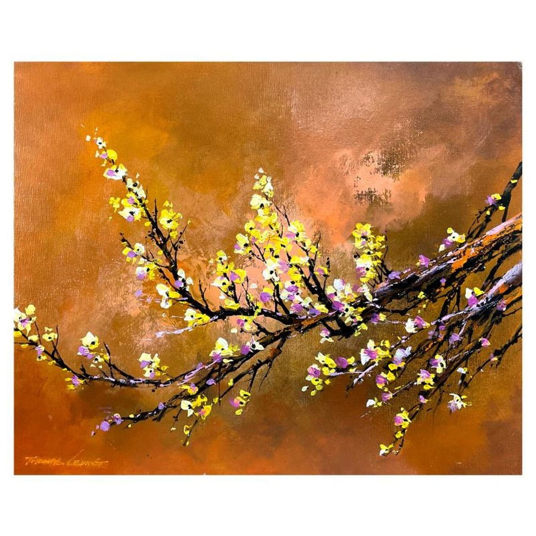 Thomas Leung, "Yellow Plum Blossom" Original Acrylic Painting on Board, Hand Signed with Letter of: Yellow Plum Blossom is an original acrylic painting on board by Thomas Leung, hand signed by the artist. Includes Letter of Authenticity. Measures approx. 19.5" x 15.5" (image).