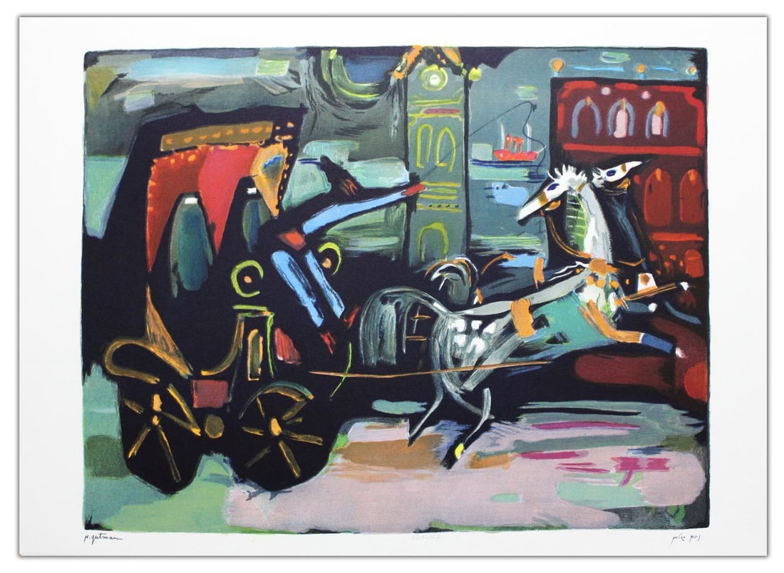 Nachum Gutman- Original Lithograph "Carriage By The Clock": Artist: Nachum Gutman. Medium: Original Lithograph. Title: Carriage By The Clock. Size: 15" x 21.5". Signature: Hand Signed and Numbered by the Artist. Certificate of Authenticity: Is Included. Refere