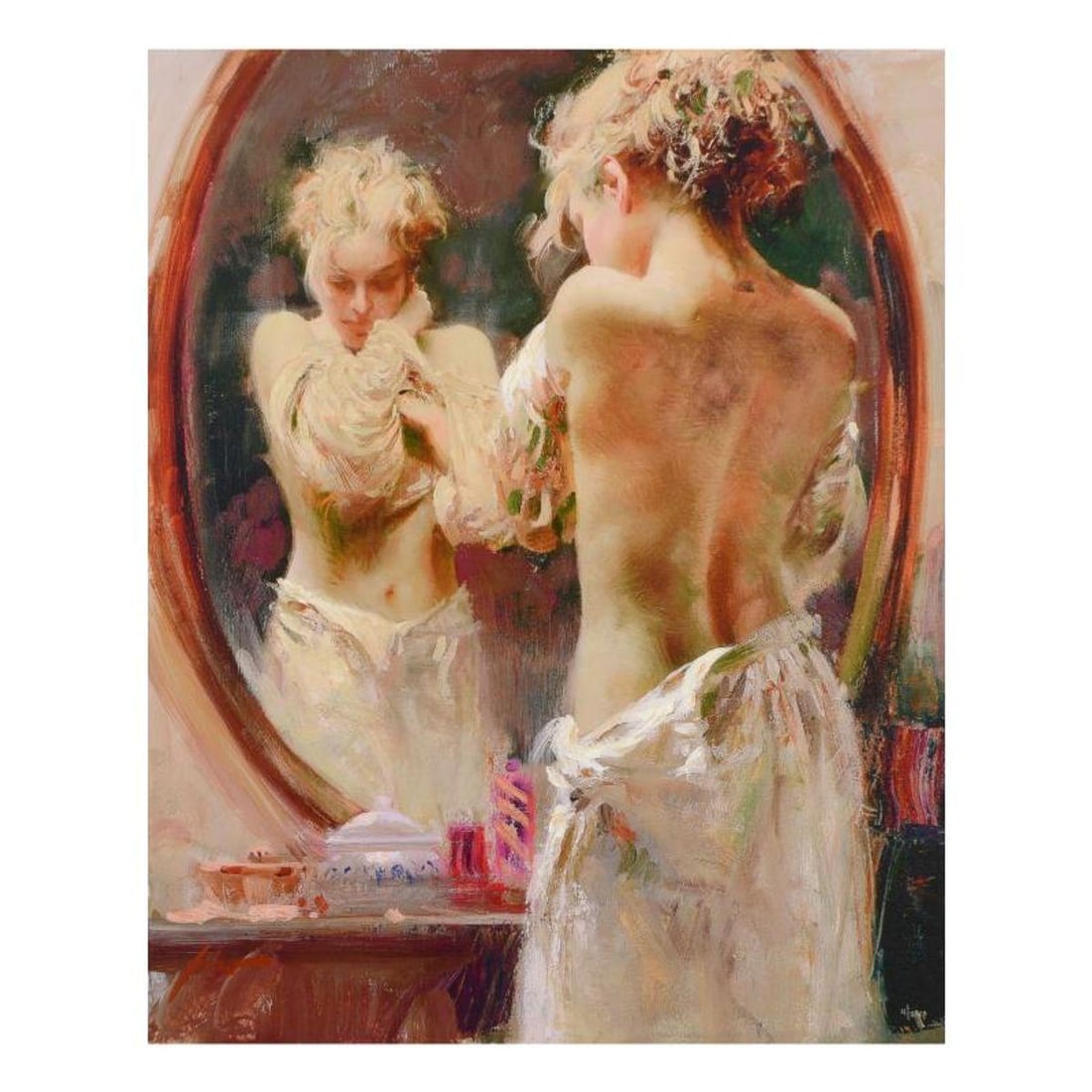 Pino (1939-2010), "Contemplation" Limited Edition Hand Embellished Giclee on Canvas. Numbered and: Pino's portraits allow glimpses into intensely personal, intimate spaces, conveying emotion through rich, warm color and sensual brushwork. "Contemplation" is a hand embellished limited edition giclee