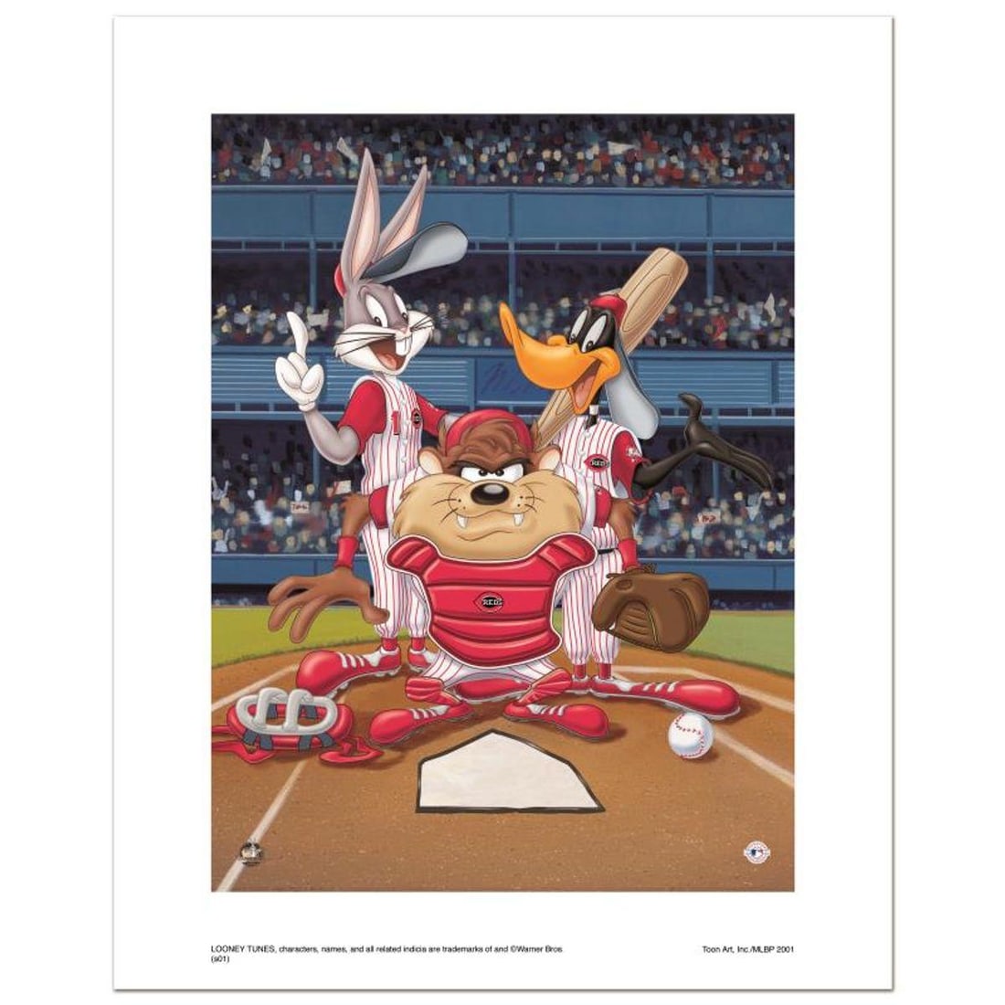 At the Plate (Reds) Numbered Limited Edition Giclee from Warner Bros. with Certificate of: At the Plate (Reds) is a limited edition giclee on paper from Warner Bros. featuring iconic Looney Tunes characters in Cincinnati Reds MLB uniforms. It comes numbered, with hologram seal, and a Certif