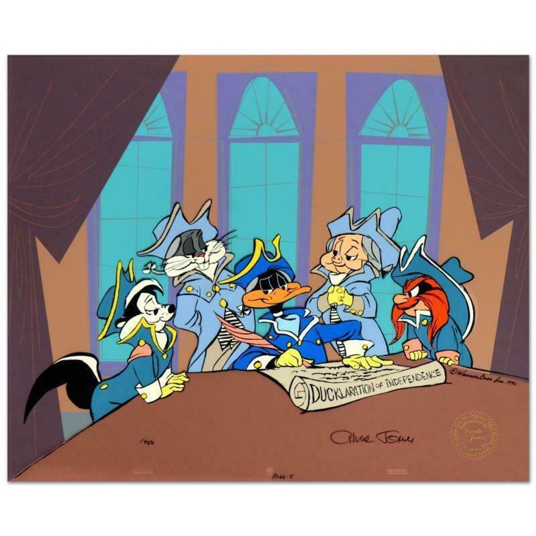 Chuck Jones (1912-2002), "Ducklaration of Independence" Limited Edition Animation Cel with Hand: Ducklaration of Independence is a SOLD OUT limited edition animation cel with hand painted color on sericel outline, dated (1990), numbered and hand signed by Chuck Jones (1912-2002)! The sericel come