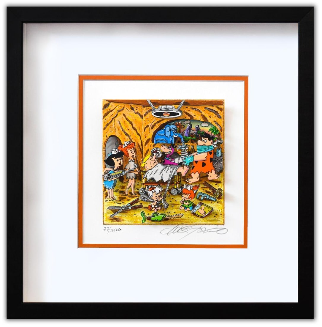 Charles Fazzino- 3D Construction Silkscreen Serigraph "Operation Bedrock (Orange)": Artist: Charles Fazzino. Medium: 3D Construction Silkscreen Serigraph. Title: Operation Bedrock (Orange). Size: 6" x 6". Measures approx. 14" x 14" (framed). Signature: Hand Signed and Numbered by the