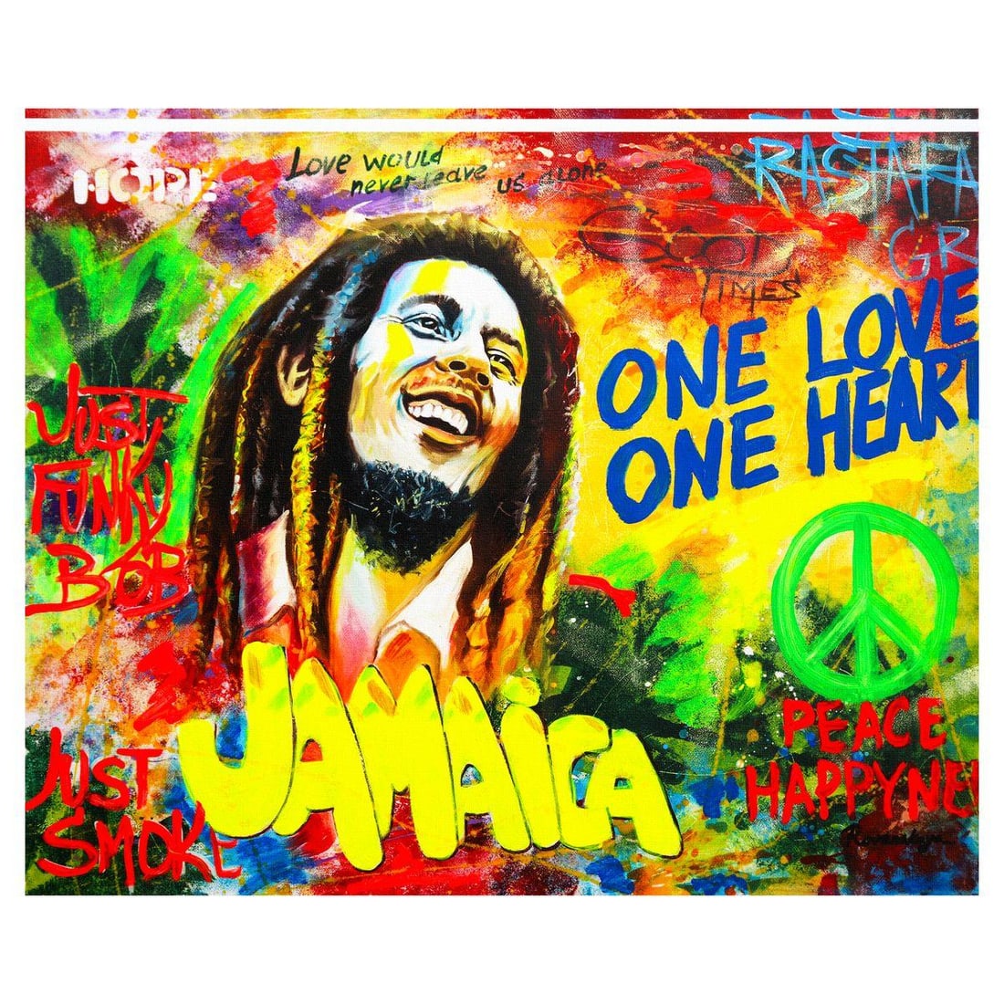 Nastya Rovenskaya- Mixed Media on Canvas "Bob Marley": Artist: Nastya Rovenskaya. Medium: Mixed Media on Canvas. Title: Bob Marley. Size: 24" x 30". Signature: Hand signed. Certificate of Authenticity: Is included. Reference#: 49443.