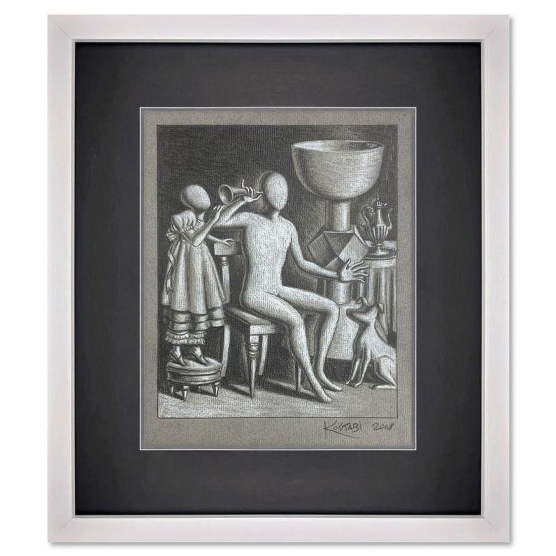 Mark Kostabi, "Mystical Moment" Framed Original Drawing on Paper, Hand Signed with Certificate of: Mystical Moment is an original drawing on paper by Mark Kostabi, hand signed by the artist. This piece comes custom framed. Includes Certificate of Authenticity. Measures approx. 16" x 13" (frame), 10