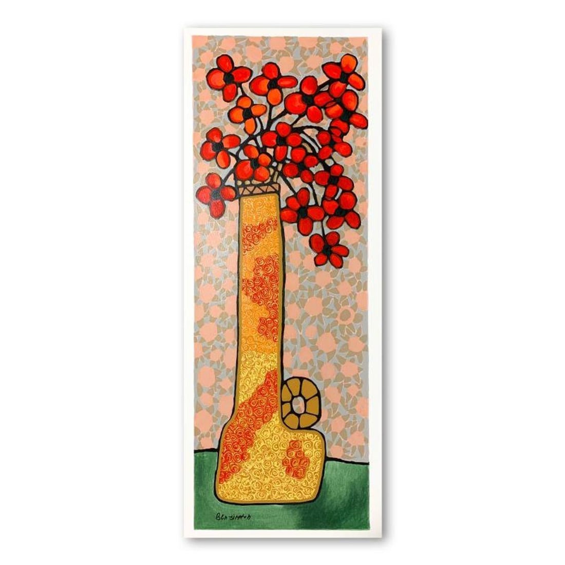 Ben Simhon, "Red Flowers" Hand Signed Limited Edition Serigraph on Paper with Letter of: Red Flowers is a limited edition serigraph on paper by Ben Simhon. It is numbered and hand signed and includes a letter of authenticity. Measures approximately 14" x 41" (image). Reference#: 89872.