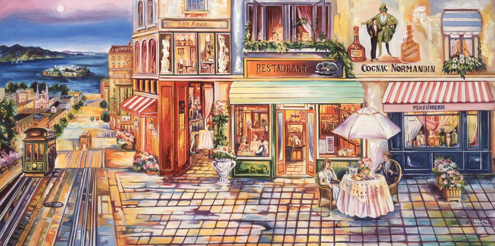 Alexander Borewko- Original Giclee on Canvas "Pedestrian Mall": Artist: Alexander Borewko. Medium: Original Giclee on Canvas. Title: Pedestrian Mall. Size: 20" x 40". Signature: Hand Signed by the Artist. Certificate of Authenticity: From the publisher.