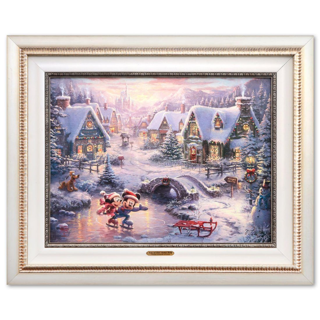 Thomas Kinkade- Hand Embellished Giclee on Canvas "Mickey and Minnie Sweetheart Holiday": Artist: Thomas Kinkade. Medium: Hand Embellished Giclee on Canvas. Title: Mickey and Minnie Sweetheart Holiday. Size: 17" x 24". Measures approx. 27" x 33" (framed). Signature: Hand signed and