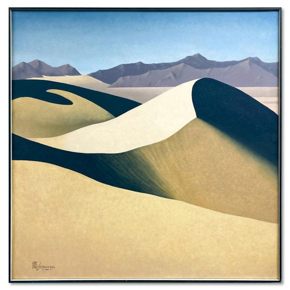 William Schlesinger (1915-2011), Framed Original Oil Painting on Canvas (36" x 36"), Dated 1987 and: This is an original oil painting on canvas by William Schlesinger (1915-2011), dated 1987 and hand signed by the artist. This piece comes framed in a box frame; due to the age of the piece there is mi