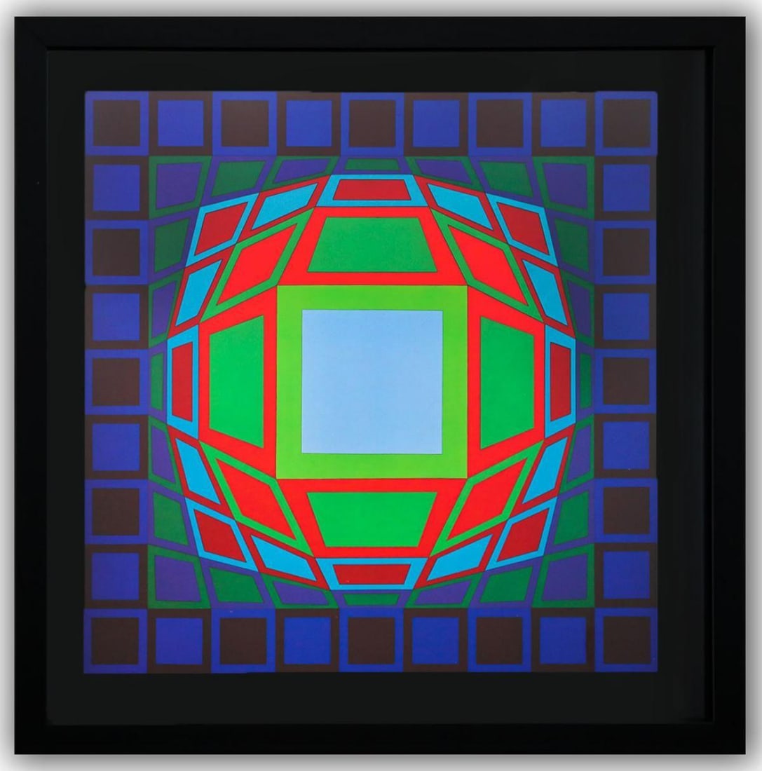 Victor Vasarely- Heliogravure Print "Untitled": Artist: Victor Vasarely. Medium: Heliogravure Print. Title: Untitled. Size: 10" x 10". Measures approx. 12" x 12" (framed). Additional: Custom Framed. Reference#: 21451.