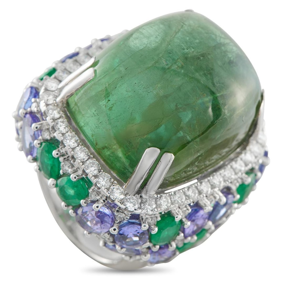 18K WHITE GOLD 1.70CT DIAMOND, EMERALD, TOURMALINE, AND TANZANITE RING: This breathtaking ring looks exquisite from every angle. Diamonds totaling 1.70 carats, Emeralds totaling 3.20 carats, and Tanzanite stones totaling 8.74 carats add color and sparkle to the 18K White 
