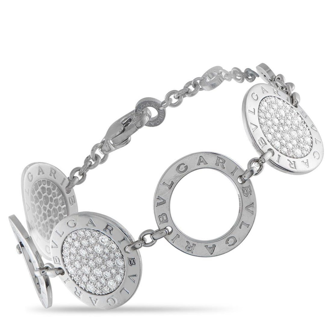 BVLGARI 18K WHITE GOLD 1.80CT DIAMOND BRACELET: This Bvlgari bracelet features a sleek, sophisticated design. Crafted from 18K White Gold, the circular motifs are accented by inset Diamonds totaling 1.80 carats as well as the luxury brands signatur