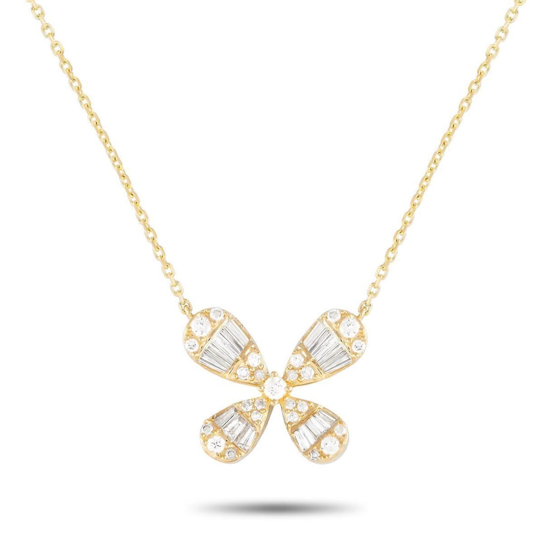 14K YELLOW GOLD 0.75CT DIAMOND FOUR PETAL FLOWER NECKLACE: Delicate and feminine, this diamond necklace has an easy-going vibe that can instantly freshen up any look. It features a 16 chain in 14K yellow gold holding a flower-inspired pendant with four pear-s