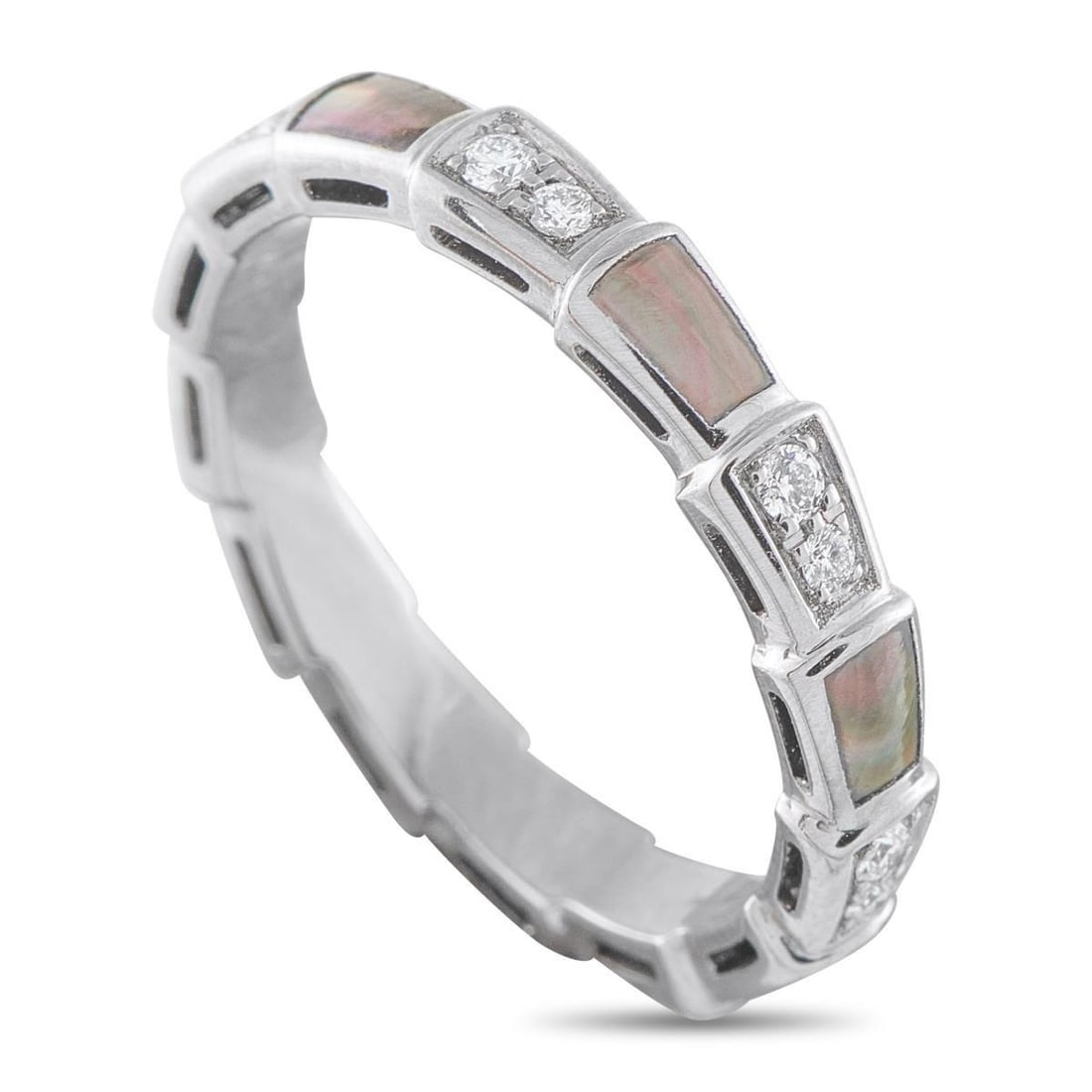 BVLGARI SERPENTI 18K WHITE GOLD 0.41CT DIAMOND AND MOTHER OF PEARL RING: This Bvlgari Serpenti ring exudes understated elegance. The subtle 18K White Gold setting comes to life thanks to opulent Mother of Pearl accents and inset Diamonds with a total weight of 0.41 carats.