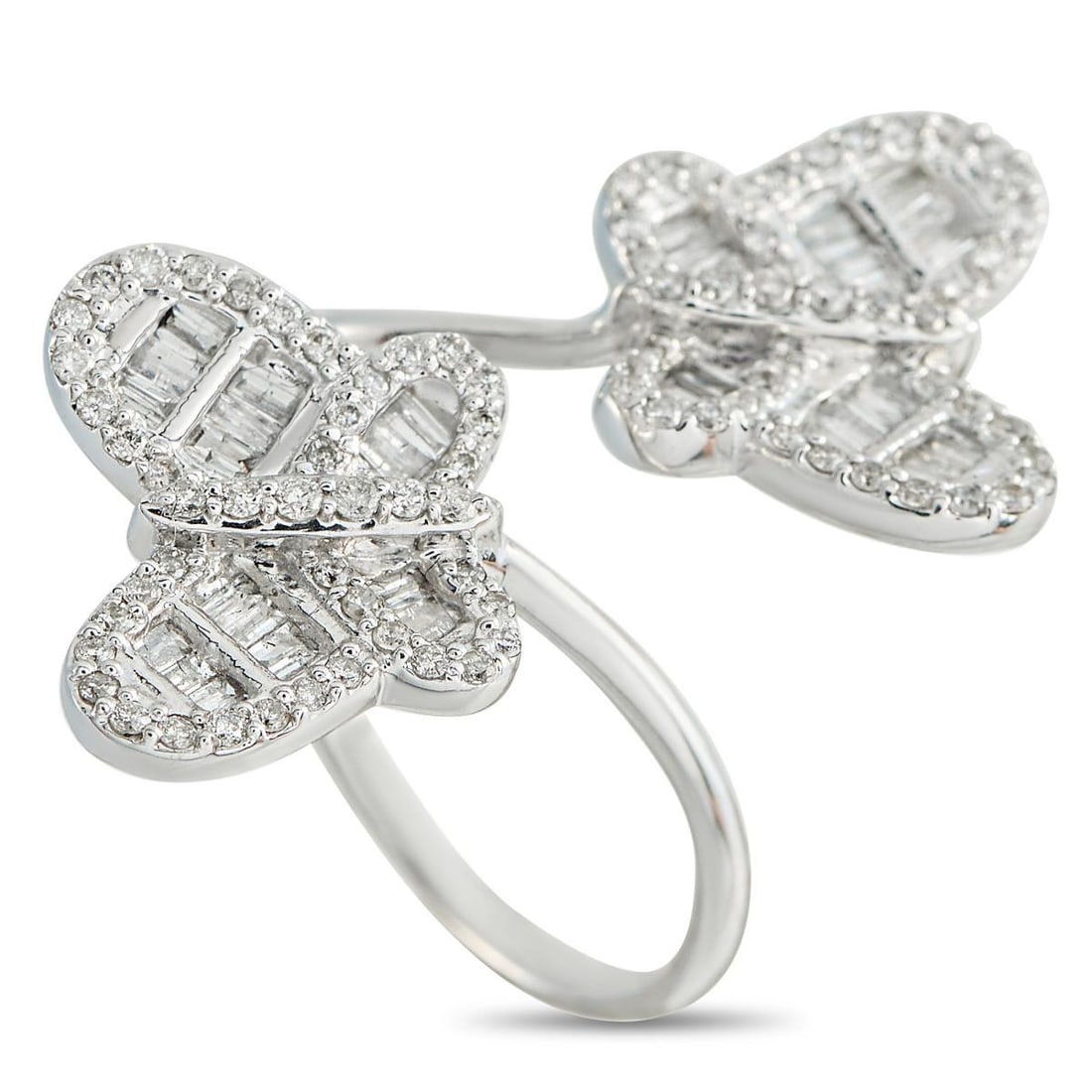 10K WHITE GOLD 1.20CT DIAMOND BUTTERFLY BYPASS RING: Butterfly motifs make a statement at each end of this simple, elegant bypass ring. The whimsical design is light, airy, and shines to life thanks to sparkling Diamonds with a total weight of 1.20 cara