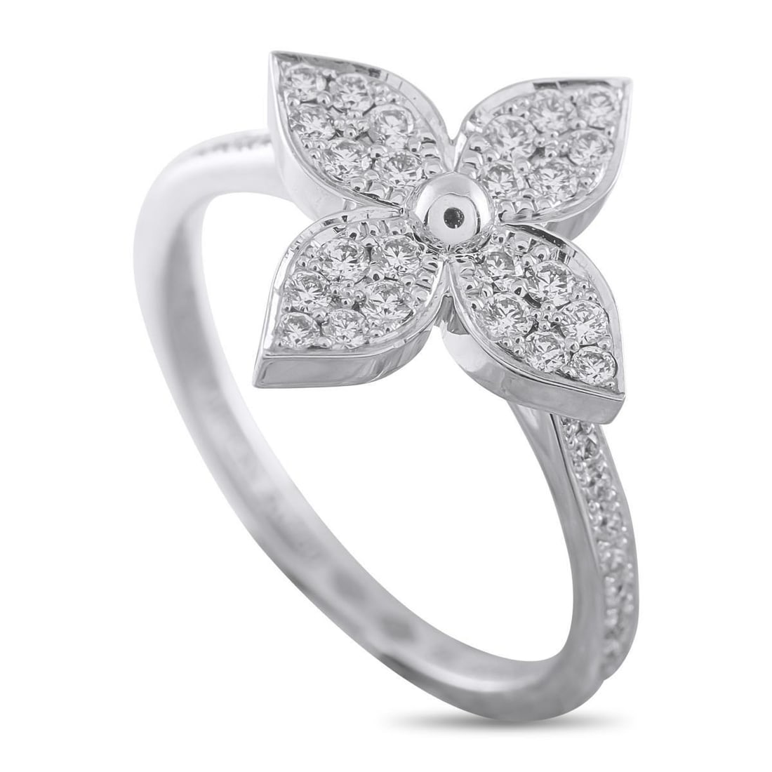 LOUIS VUITTON 18K WHITE GOLD DIAMOND STAR BLOSSOM RING: This expertly crafted Louis Vuitton Star Blossom ring is simply exquisite. Set in 18K White Gold, its illuminated by a dazzling array of pav Diamonds for maximum sparkle. A 1mm wide band and a 4mm top