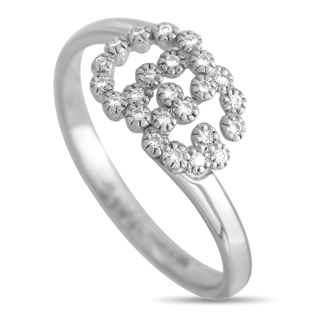 GUCCI DOUBLE G 18K WHITE GOLD DIAMOND RING: On this Gucci Double G ring, the luxury brands iconic logo comes to life thanks to sparkling diamonds. Crafted from 18K White Gold, this piece features a top height and band width measuring 2mm.This j