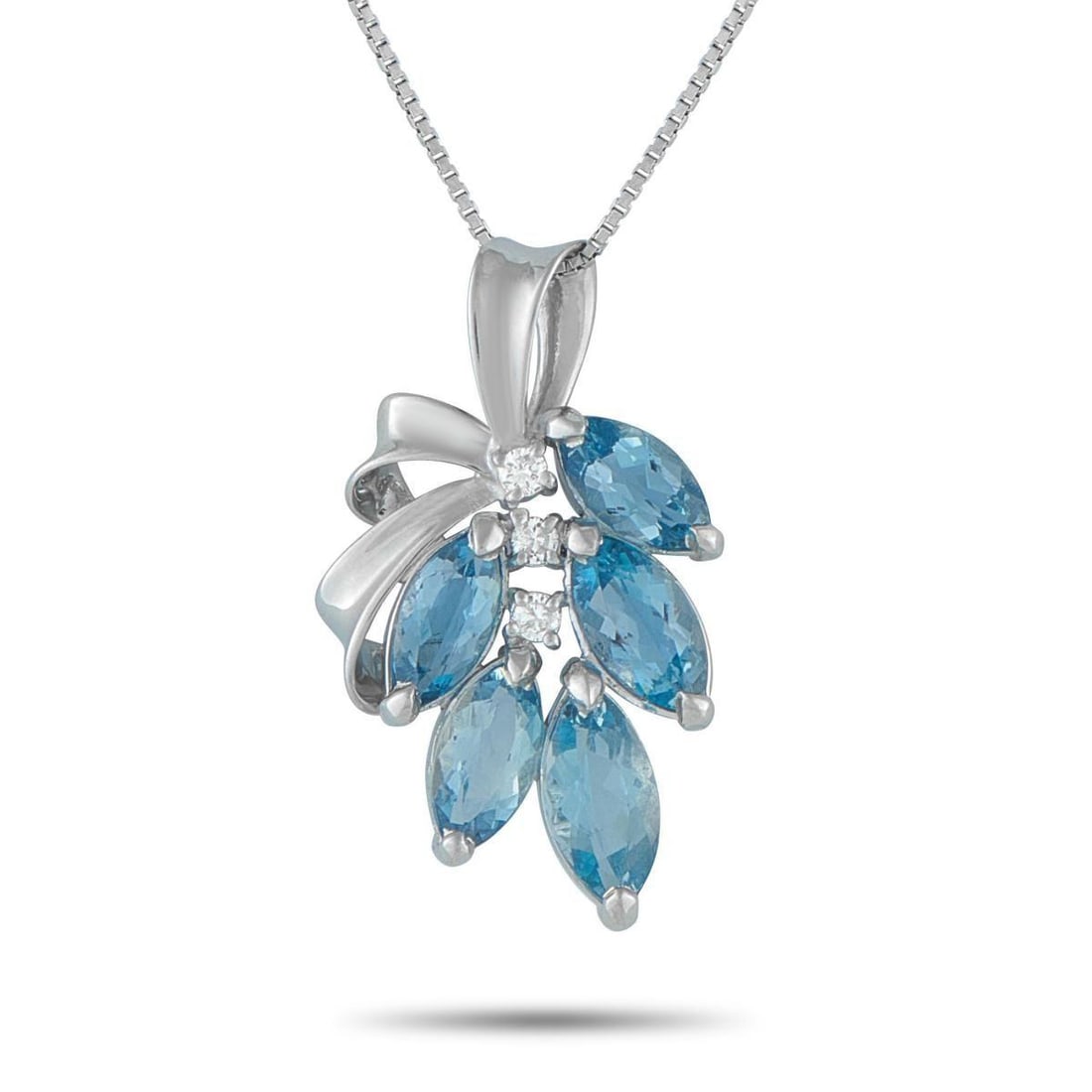 PLATINUM 0.08CT DIAMOND AND AQUAMARINE NECKLACE: Where clear light meets calm color, the result feels instinctively right, much like this necklace. It features a fine box chain in 850 platinum, fastened by a classic spring ring clasp. Hanging from i