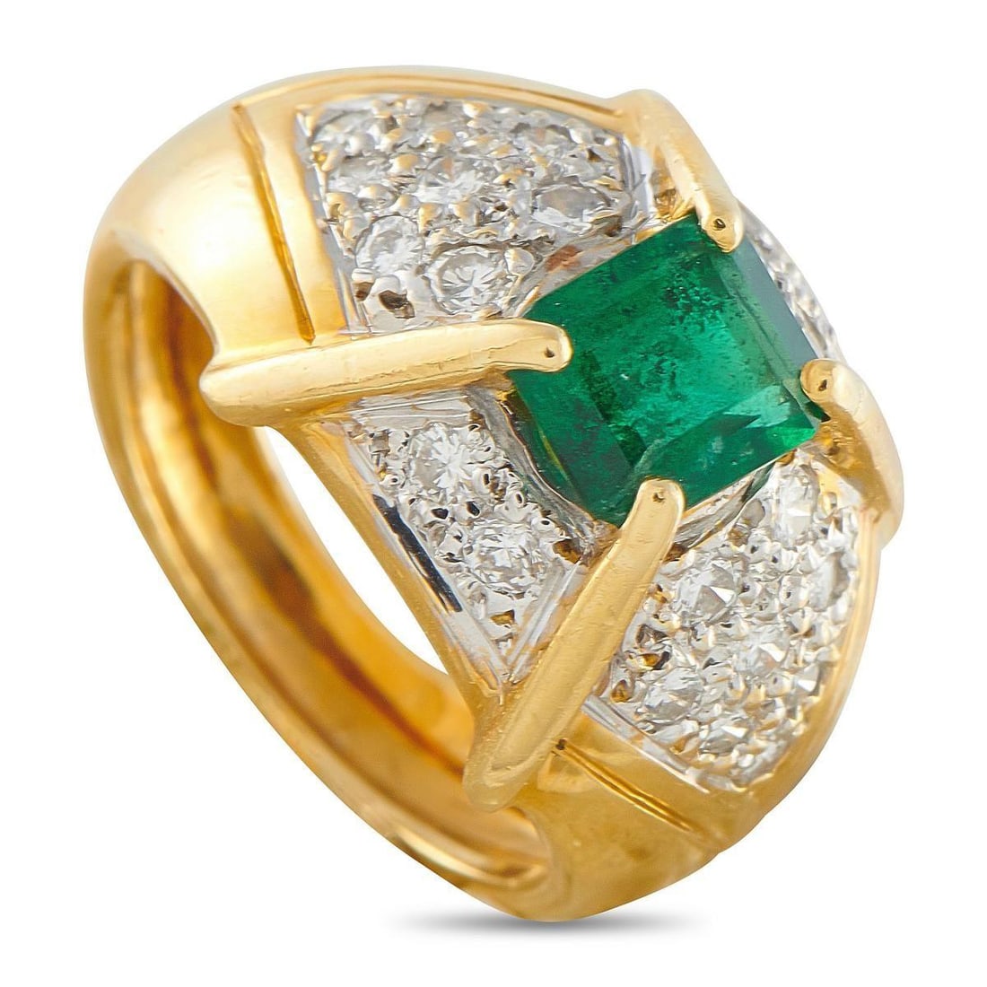 18K YELLOW GOLD 0.40CT DIAMOND AND EMERALD RING: Inset Diamonds totaling 0.40 carats allow this ring to effortlessly catch the light. The opulent 18K Yellow Gold setting beautifully showcases the 0.85 carat Emerald center stone, which provides this 