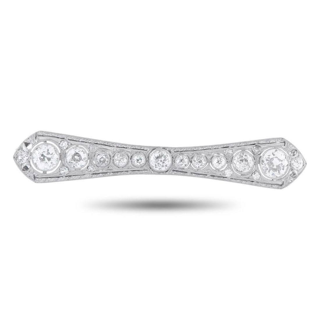 PLATINUM, 14K WHITE GOLD 3.50CT DIAMOND ART DECO BROOCH: This dazzling Art Deco brooch exudes glamour and old fashioned elegance. Round cut Diamonds with a total weight of 3.50 carats allow it to effortlessly catch the light no matter if its pinned to a sca