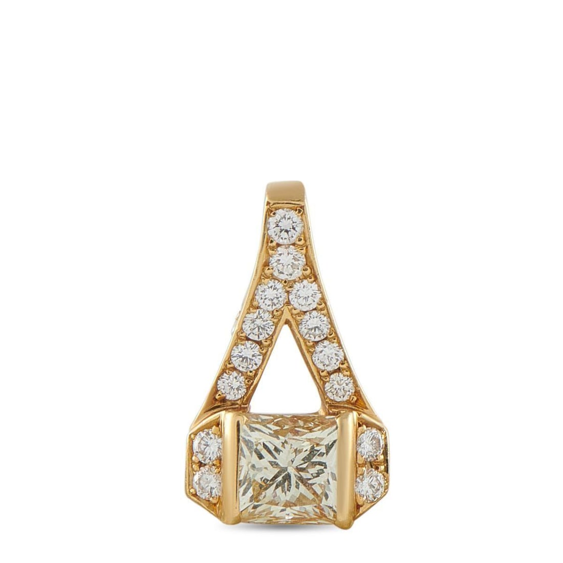 18K YELLOW GOLD 1.40CT DIAMOND PENDANT: This charming pendant is perfectly understated. Ideal for accenting any chain, it comes complete with a 1.04 carat square-cut Diamond center stone and Diamond accents totaling 0.36 carats. Crafted fro