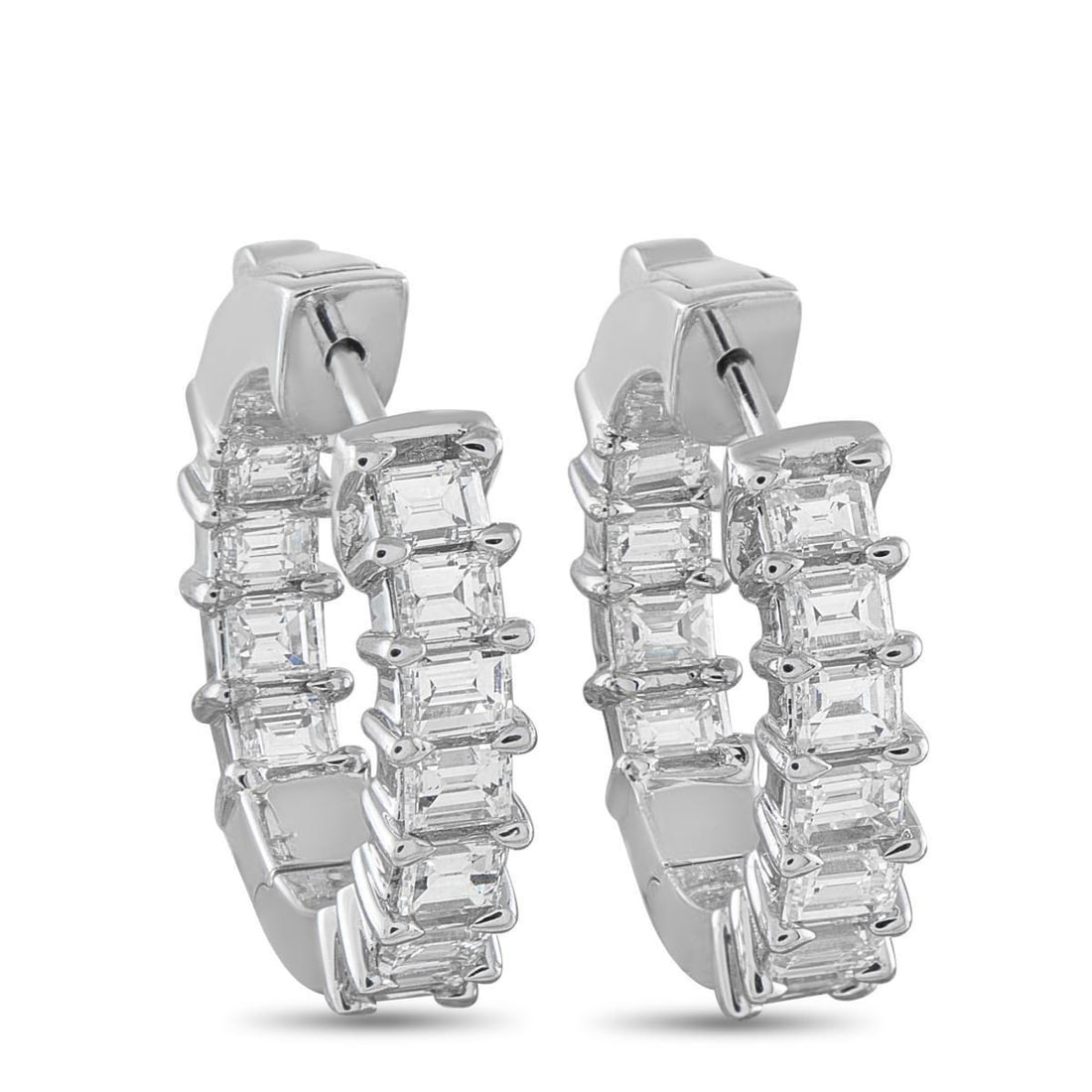 18K WHITE GOLD 2.10CT DIAMOND HOOP EARRINGS: A unique design allows these luxury earrings to catch the light from any angle. Set in 18K White Gold, Diamonds with a total weight of 2.10 carats make them simply unforgettable. Each earring measures