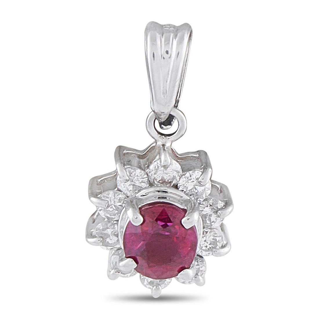 PLATINUM 0.20CT DIAMOND AND RUBY PENDANT: Add a splash of color to any ensemble with this sophisticated luxury pendant. It features a radiant 0.30 carat Ruby center stone surrounded by Diamonds with a total weight of 0.20 carats. Set in Plati